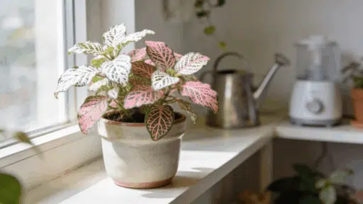 healthy nerve plant in a small pot near soft window light with indoor plant care items nearby