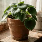 healthy peperomia raindrop plant in a weathered terracotta pot on a sunlit windowsill
