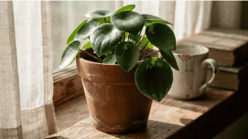 healthy peperomia raindrop plant in a weathered terracotta pot on a sunlit windowsill