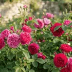 Healthy rose bushes with vibrant blooms, lush green leaves, and soft natural sunlight in a realistic garden setting.