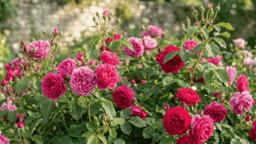 Healthy rose bushes with vibrant blooms, lush green leaves, and soft natural sunlight in a realistic garden setting.