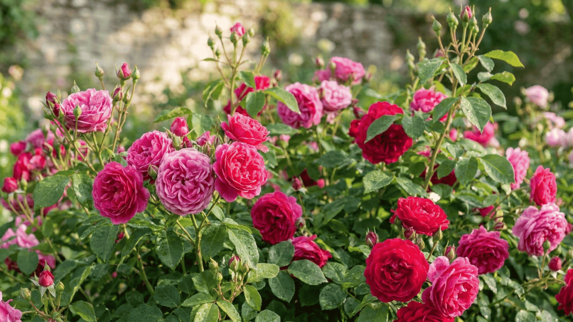 Healthy rose bushes with vibrant blooms, lush green leaves, and soft natural sunlight in a realistic garden setting.