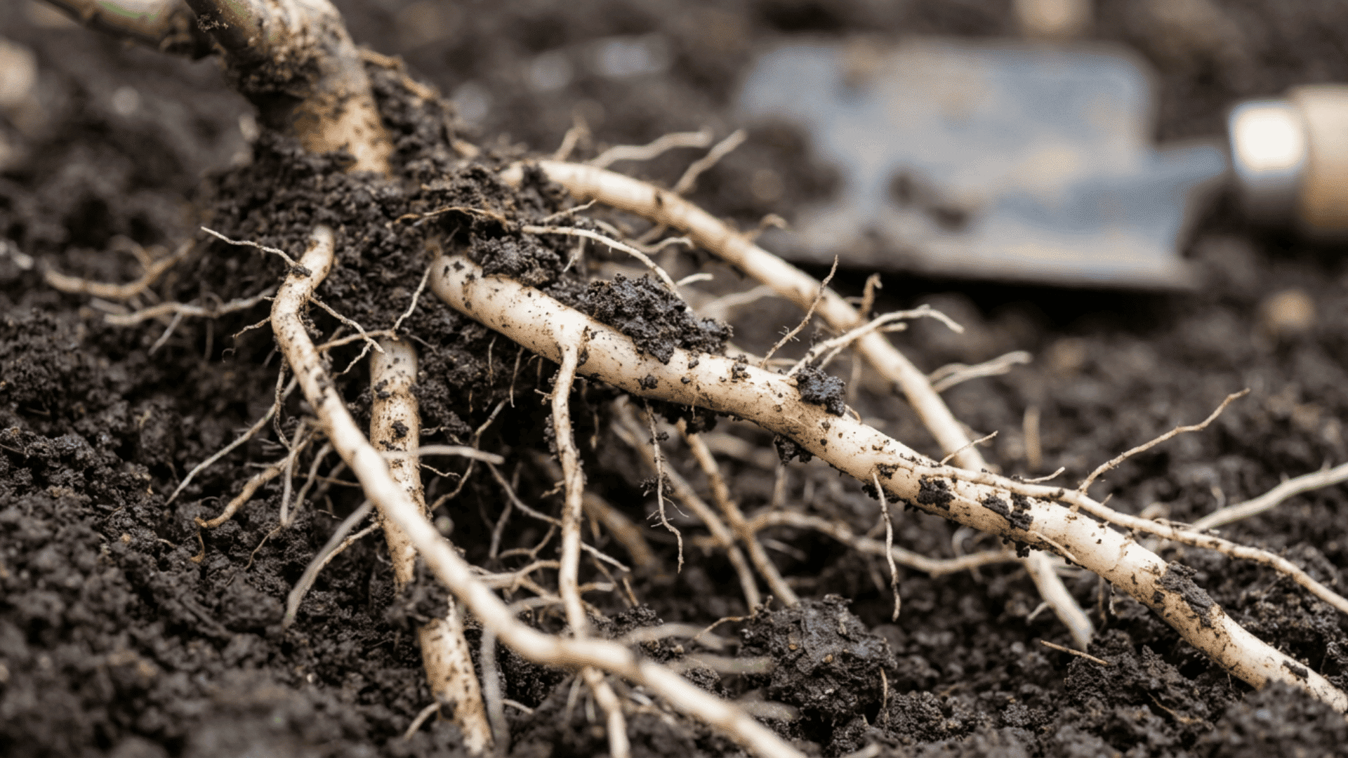 Healthy rose roots spreading through rich dark soil, showing strong white feeder roots and thick tan roots beneath a thriving rose plant (3)