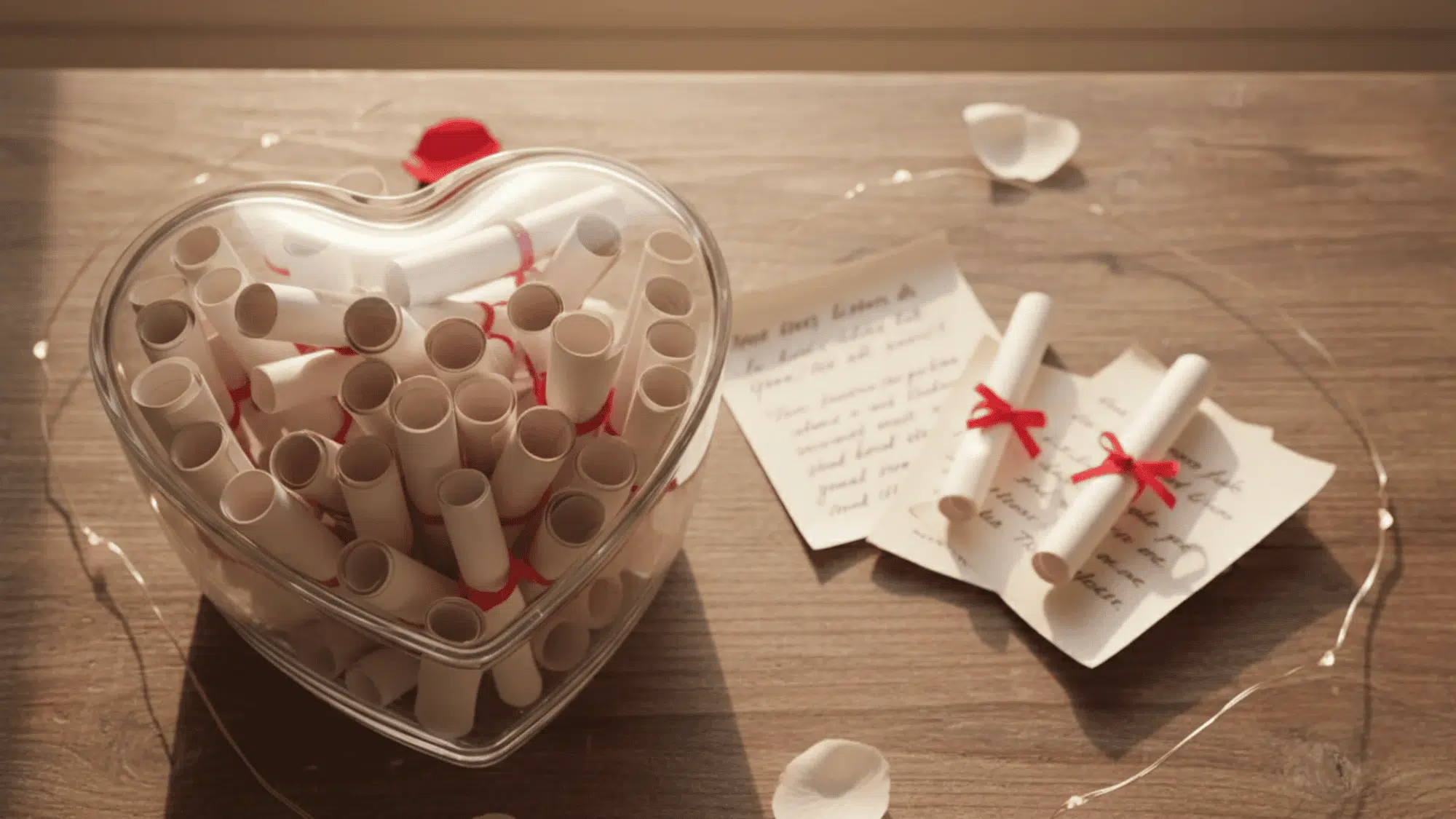 heart-shaped jar filled with rolled paper notes tied in red string on a wood table