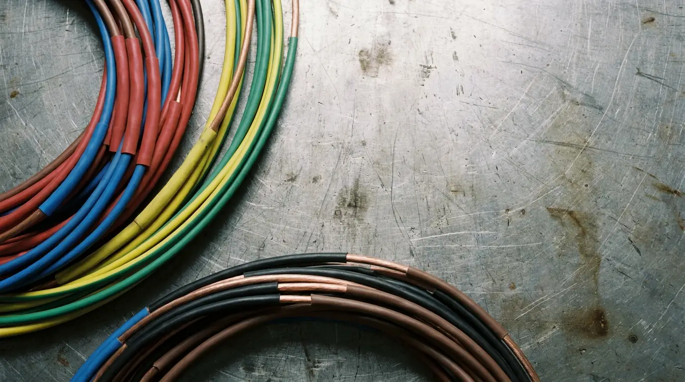 Coiled multicolored electrical wires on scratched metal surface