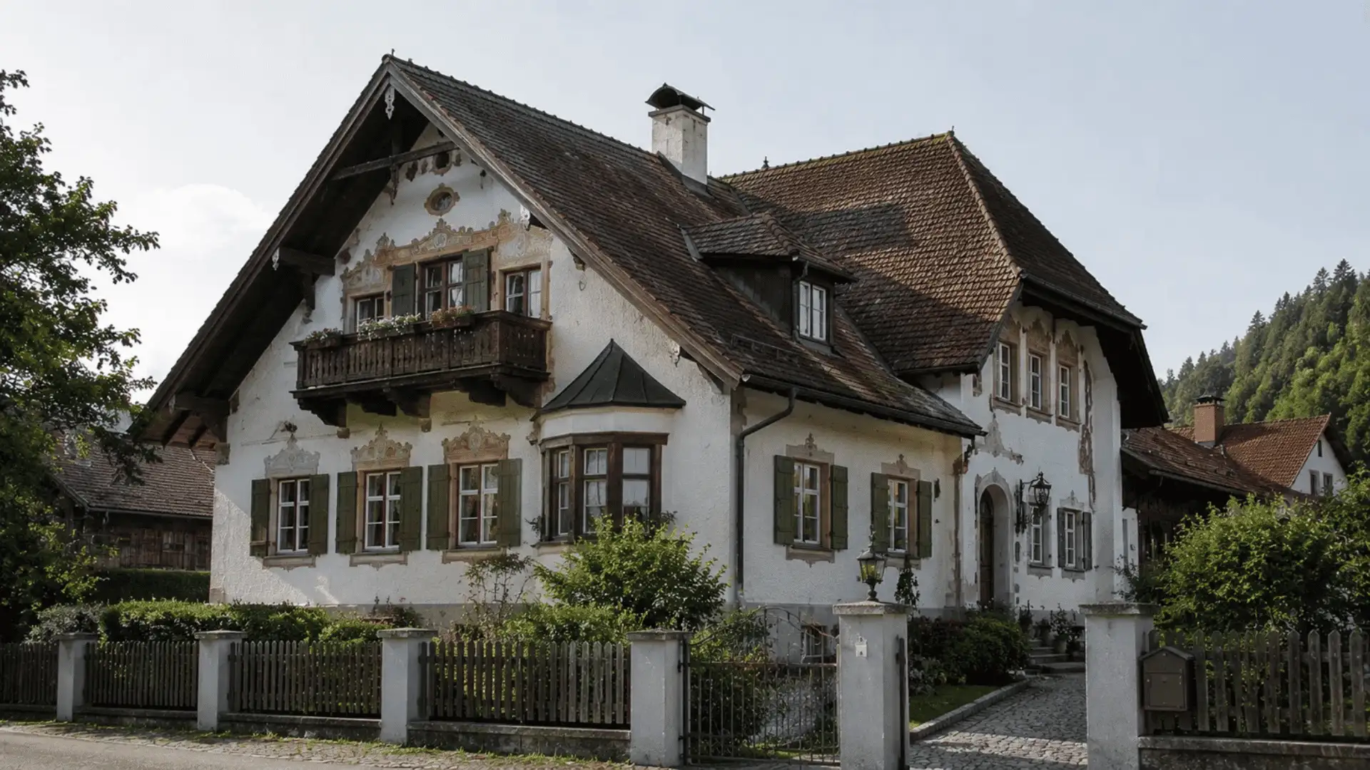 heimatstil house with painted gable wooden balcony green shutters and a picket fence garden