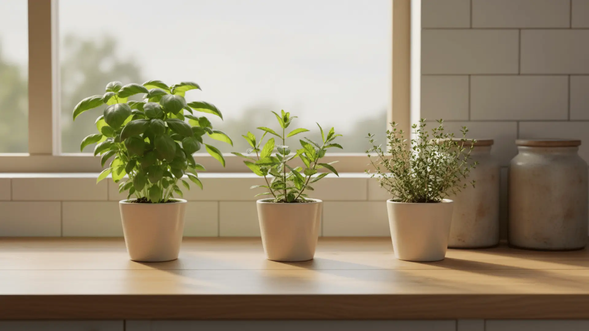 sunlit kitchen counter with three potted herbs by a wide window white tile backsplash and ceramic jars