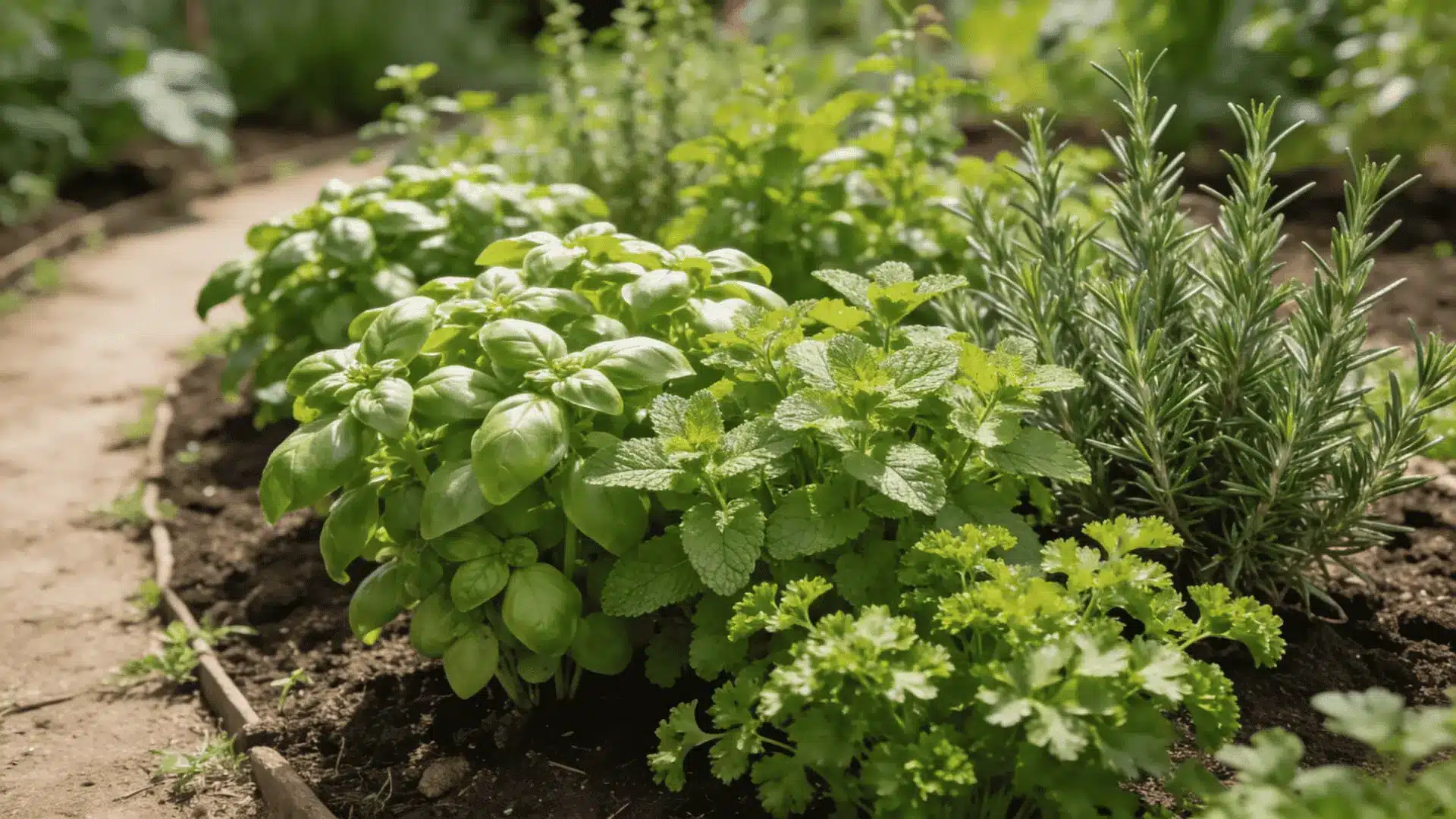 potted fresh herbs like basil mint and rosemary on a sunny wooden kitchen windowsill