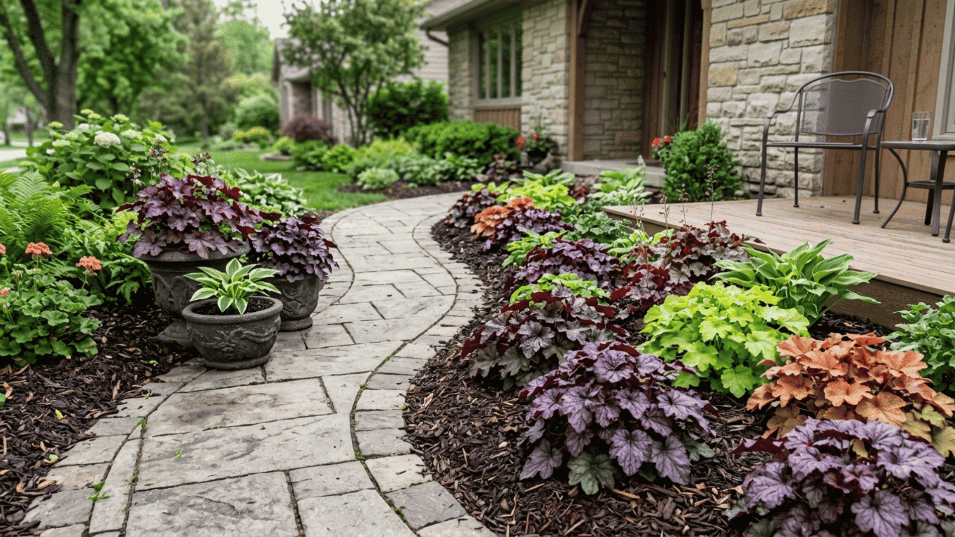 Heuchera colorful heuchera foliage in shaded garden containers beside stone patio pathway