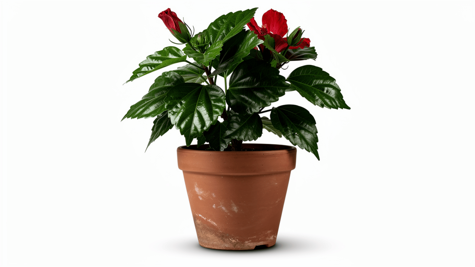 hibiscus plant with large red flowers and glossy dark green leaves growing in a terracotta pot on a white background