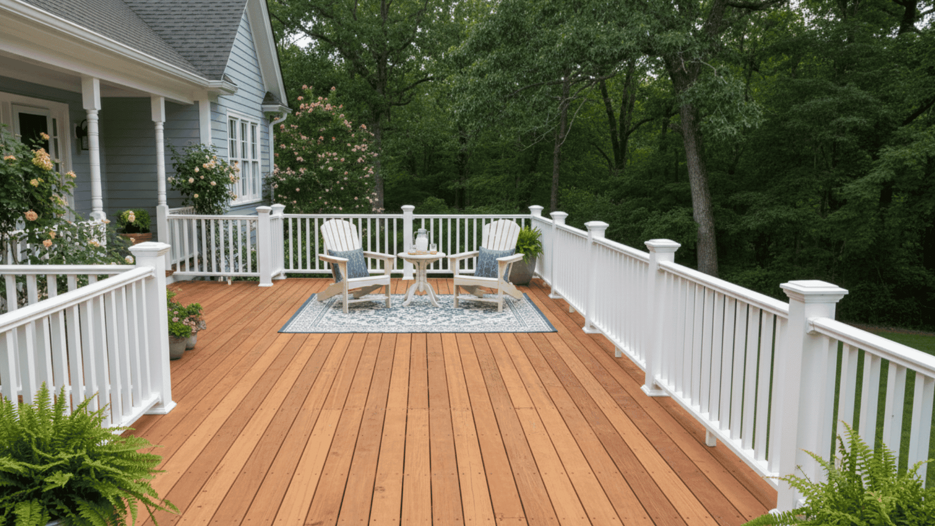 High-resolution image of a wooden deck with classic white-painted vertical balusters, front porch style, cedar or pine wood.