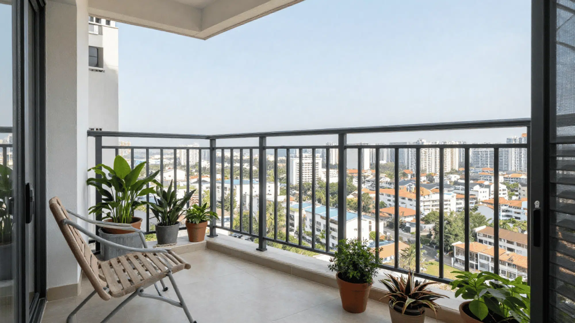high rise apartment balcony with a metal railing small seating area and potted plants overlooking a cityscape