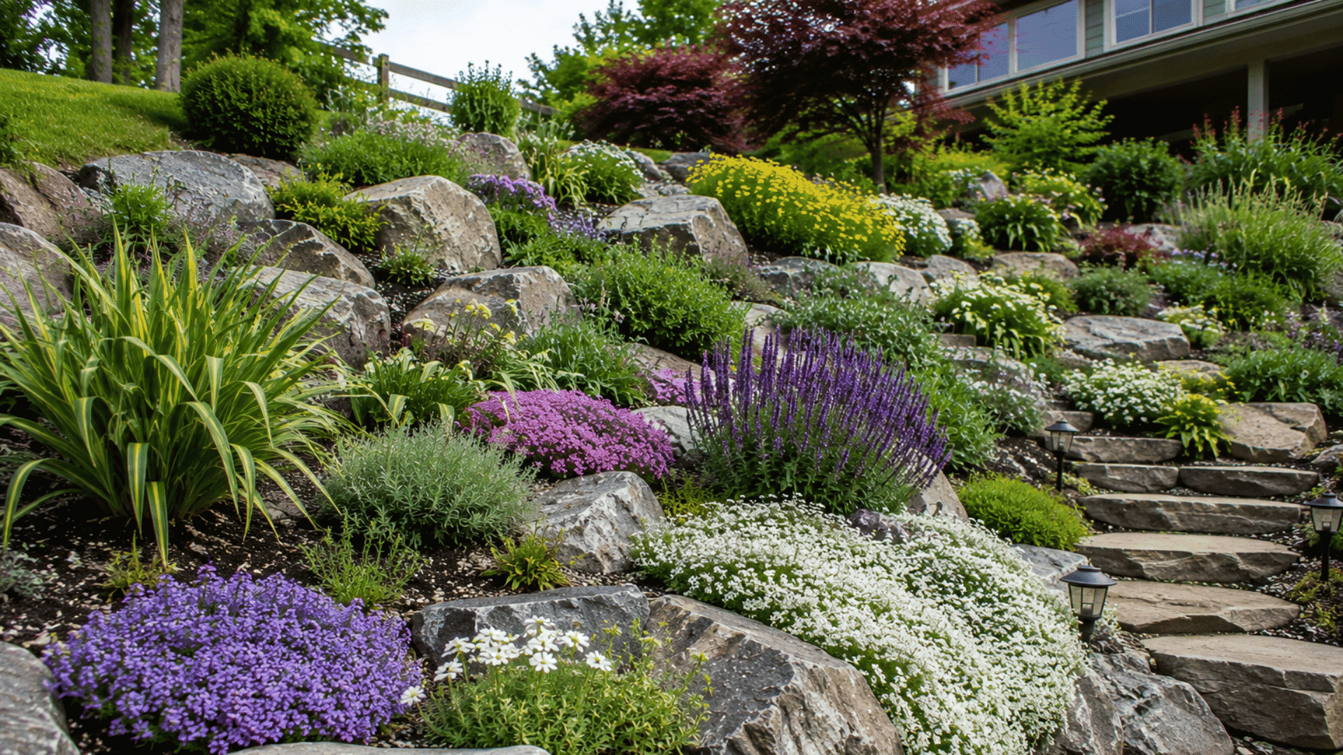 hillside rock garden with layered stones ground covers and erosion control planting