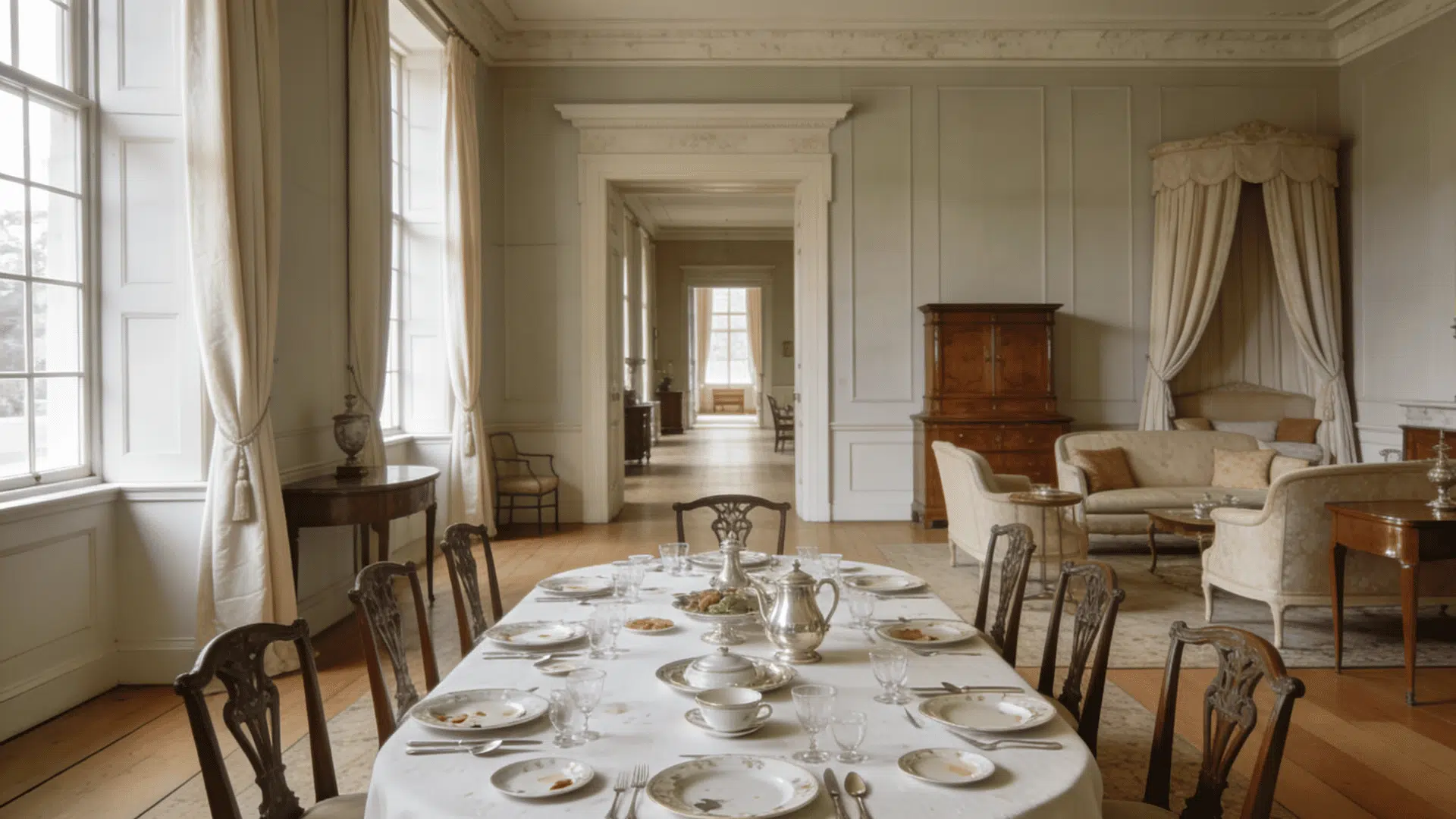 historical interior showing dining room transitioning into quiet withdrawing room for conversation in elegant estate