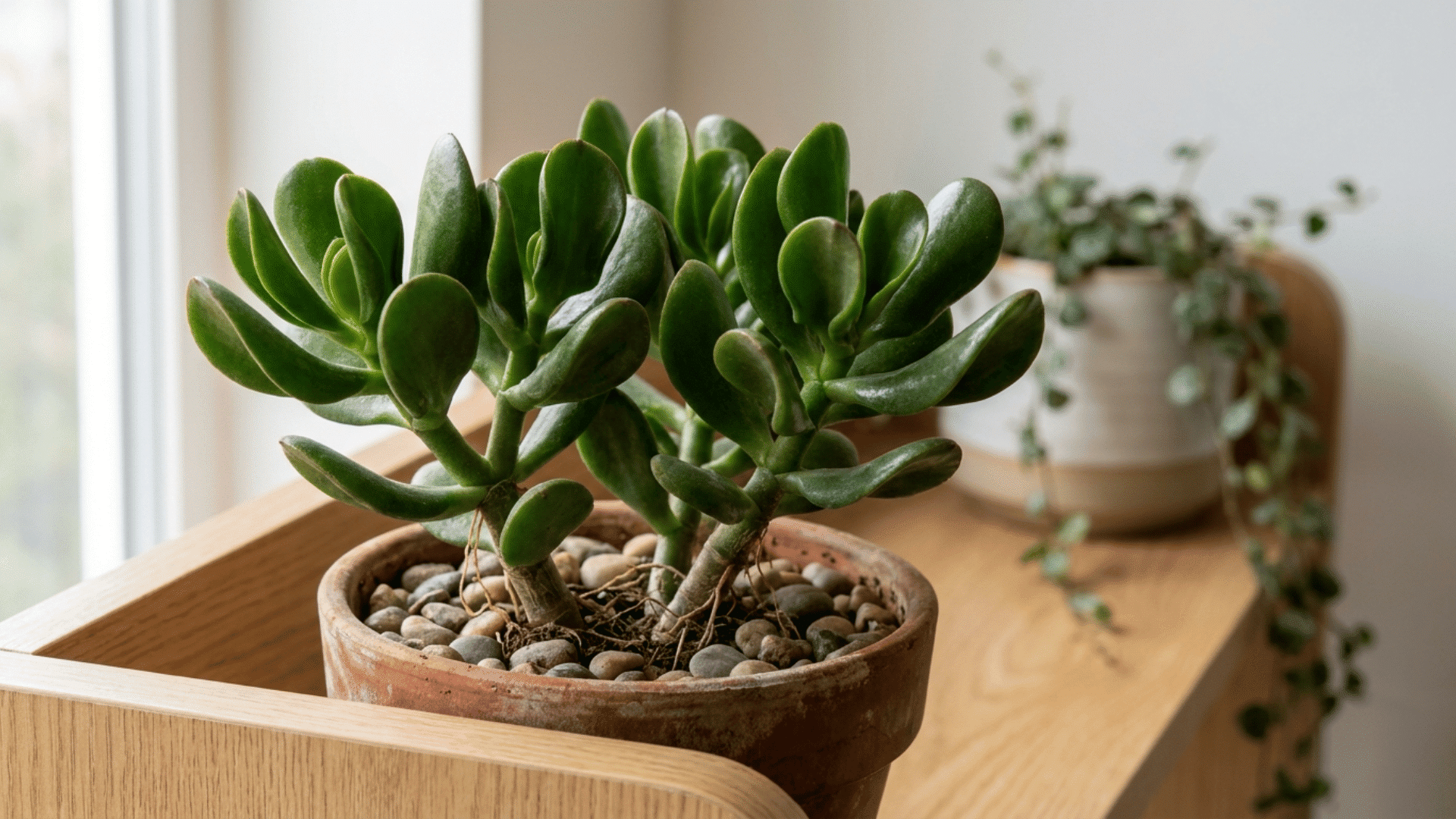 hobbit jade plant with inward curling spoon shaped leaves in a terracotta pot on a shelf