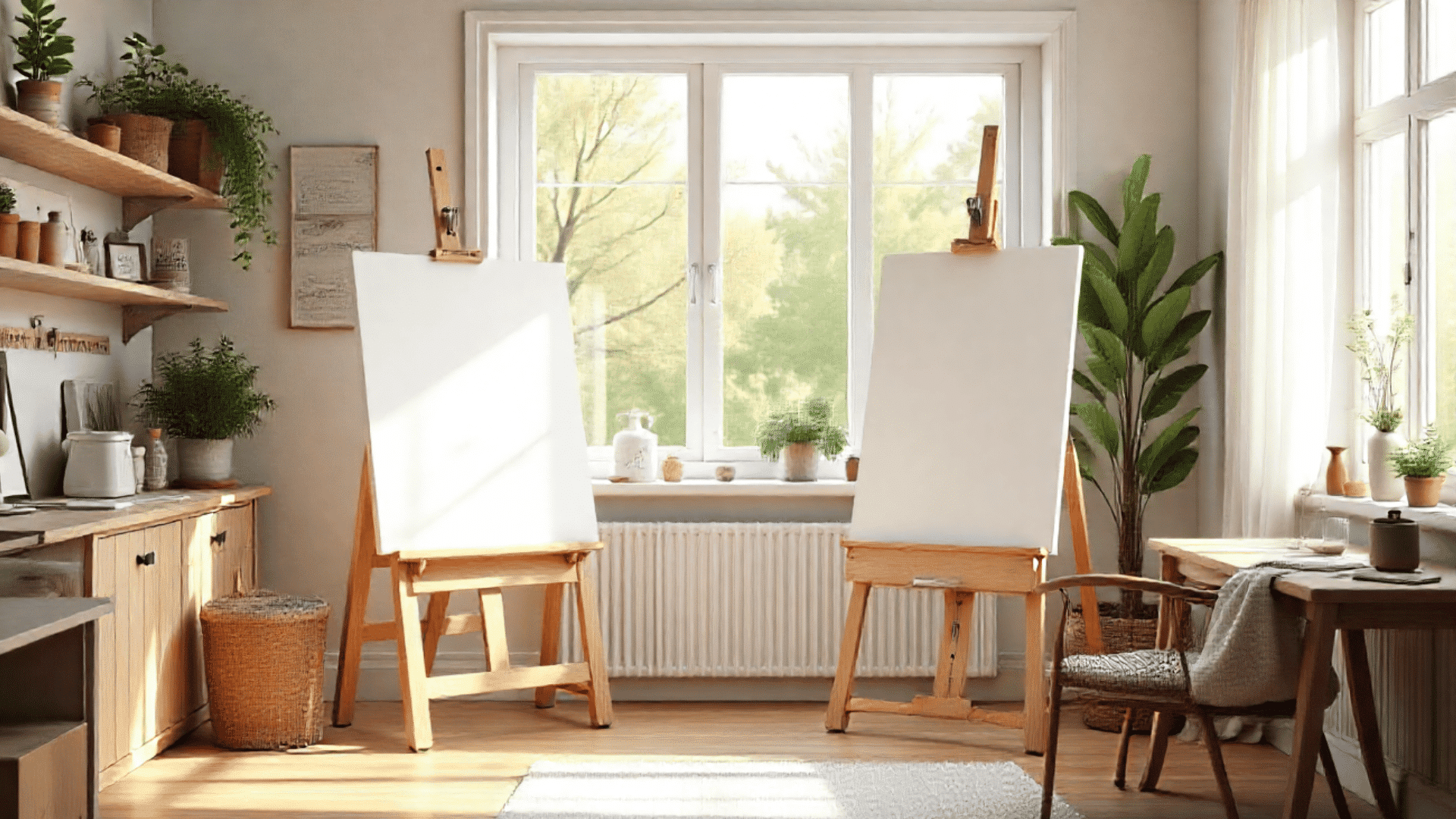 home art studio easel near north facing window blank canvas white walls storage shelves paint supplies art materials comfortable armchair creative workspace