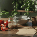 home gardening scene with tomatoes, fermenting seeds in a jar, seedling pots, sieve, and labeled envelopes on a wooden table