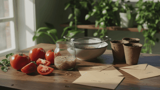 home gardening scene with tomatoes, fermenting seeds in a jar, seedling pots, sieve, and labeled envelopes on a wooden table