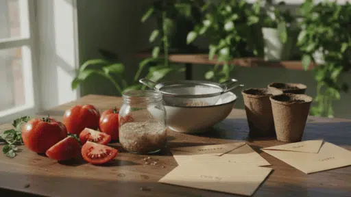 home gardening scene with tomatoes, fermenting seeds in a jar, seedling pots, sieve, and labeled envelopes on a wooden table