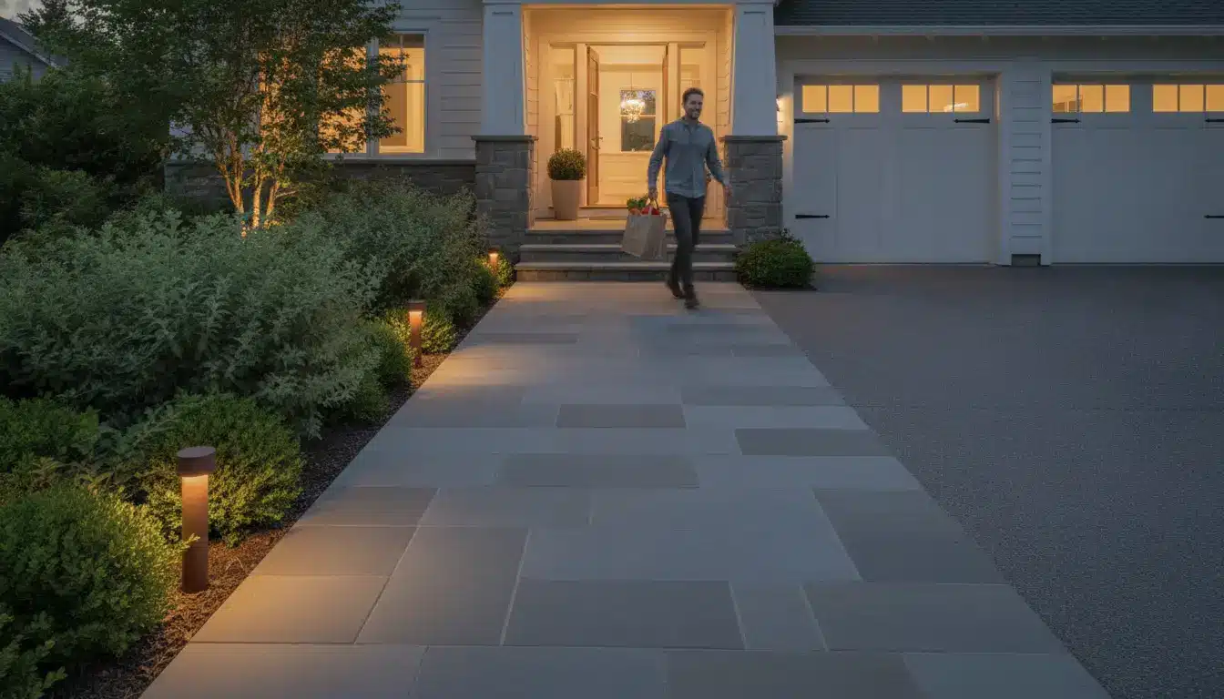 Man carrying grocery bag on illuminated front porch of house at dusk