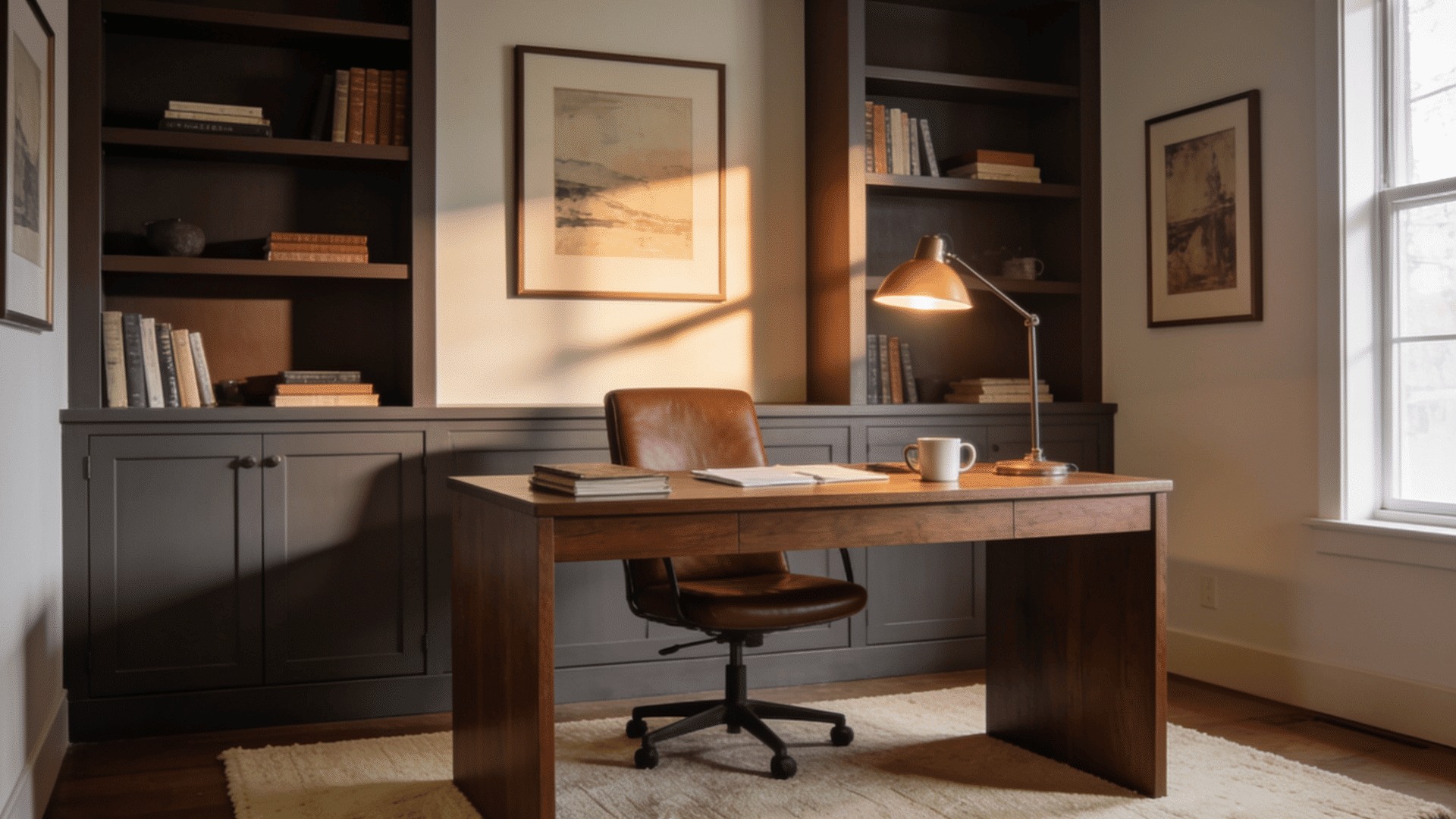 home office with deep brown gray built in shelves walnut desk leather chair and warm task lighting