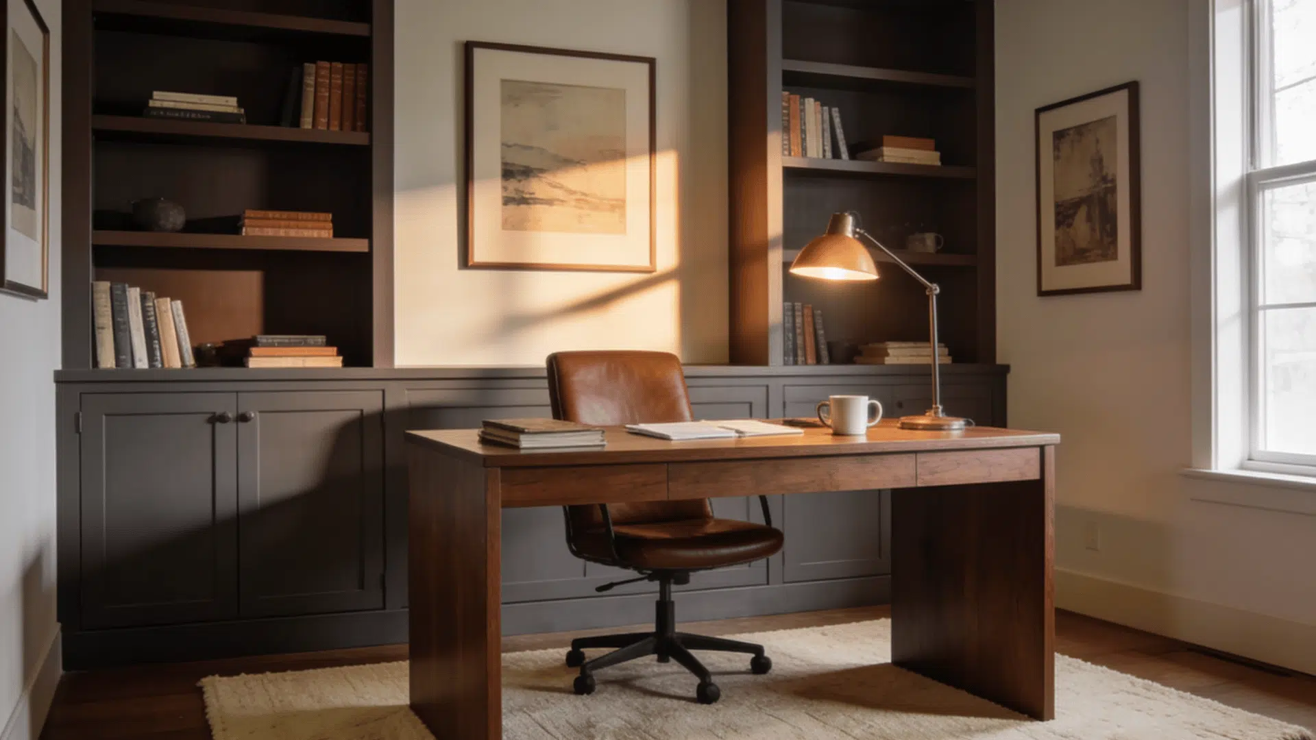 home office with deep brown gray built in shelves walnut desk leather chair and warm task lighting