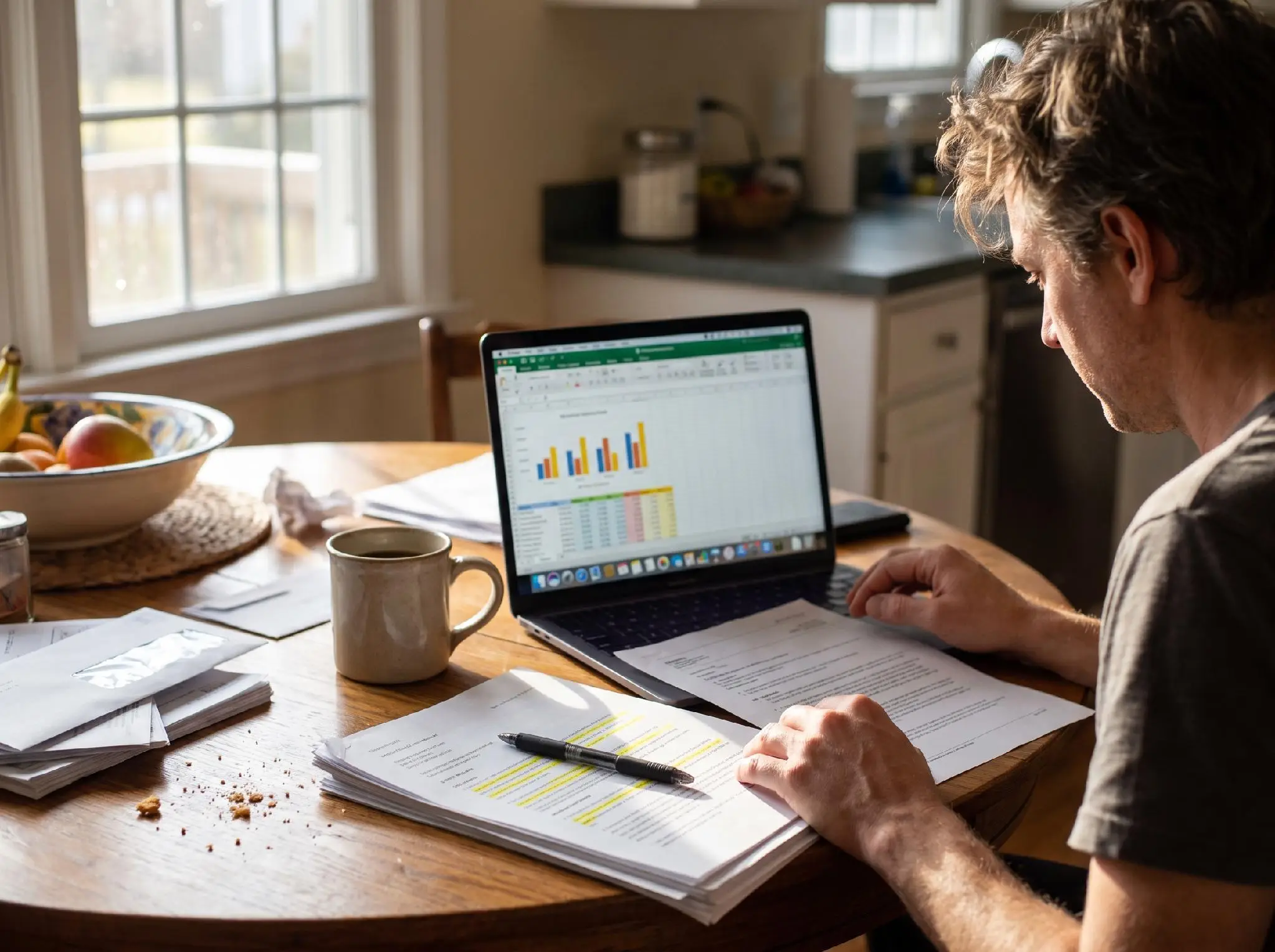 Man working on laptop with financial graphs at kitchen table in natural light