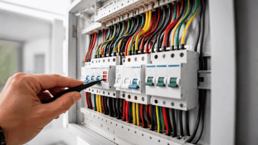 Homeowner safely resetting a tripped circuit breaker in an electrical panel while following proper electrical safety precautions.