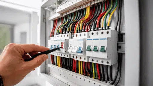 Homeowner safely resetting a tripped circuit breaker in an electrical panel while following proper electrical safety precautions.