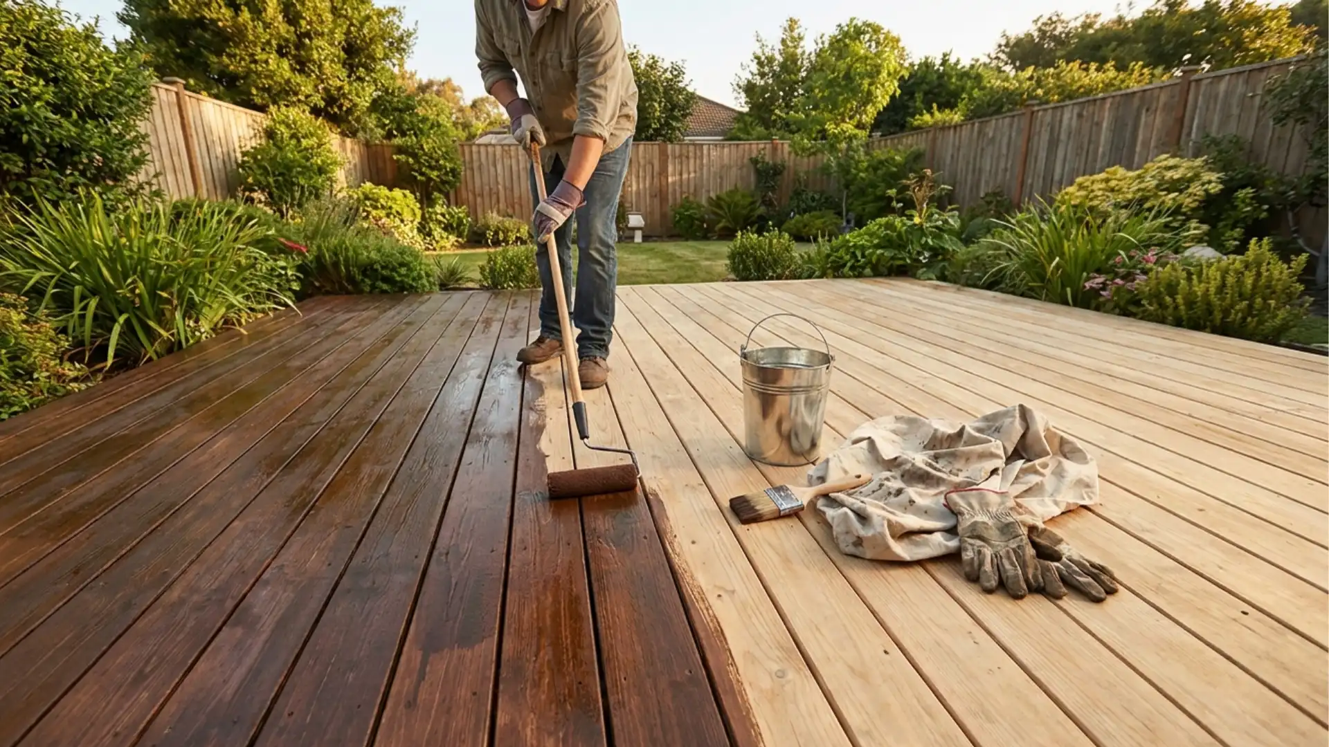 Homeowner staining a clean wooden deck with a brush, stain pad, bucket, and safety gloves