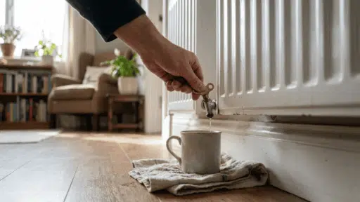 homeowner using a radiator bleed key to release trapped air from a household radiator