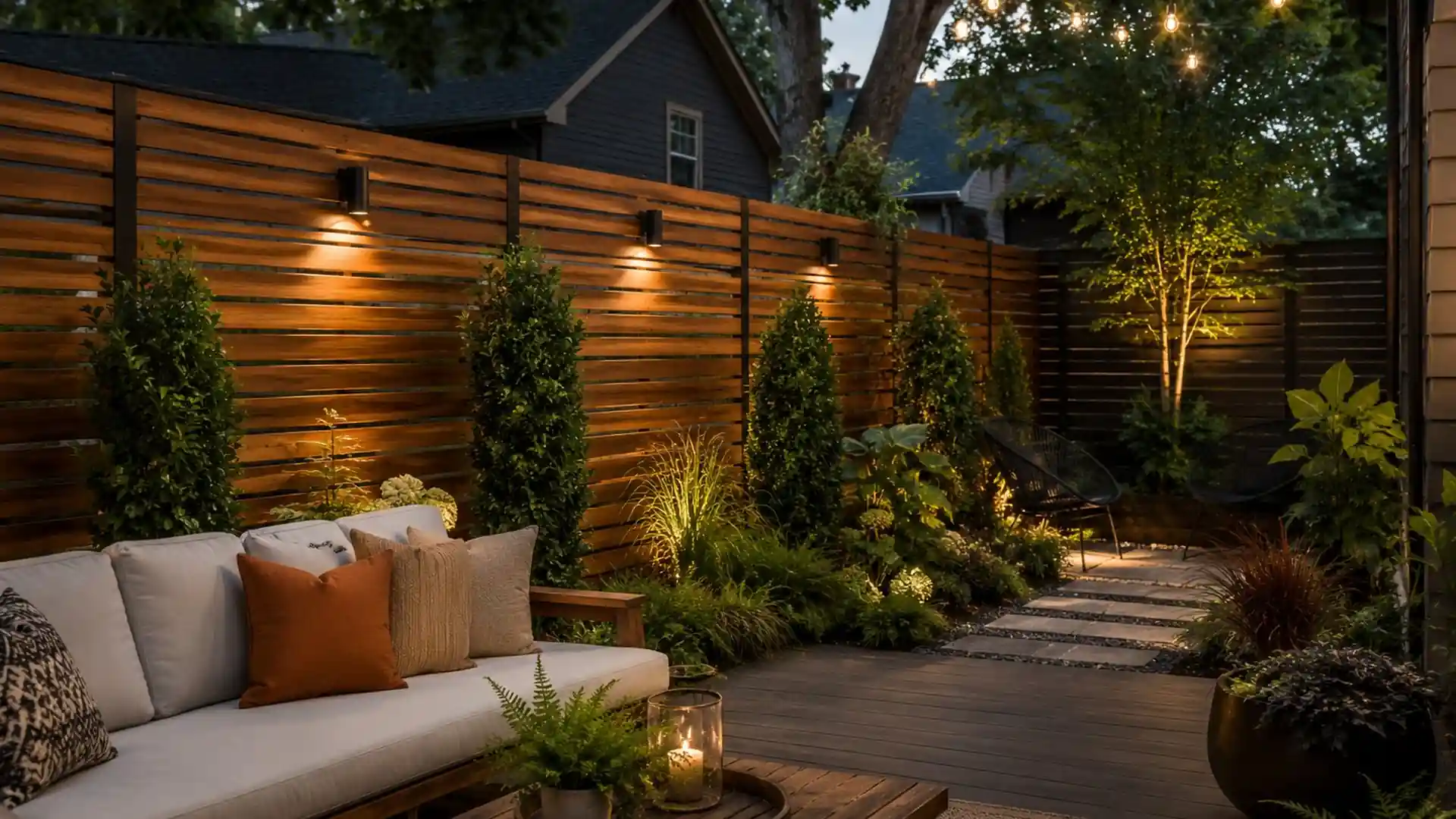 modern backyard patio with horizontal cedar slat fence, layered plants, cozy seating, and warm evening lighting outdoors