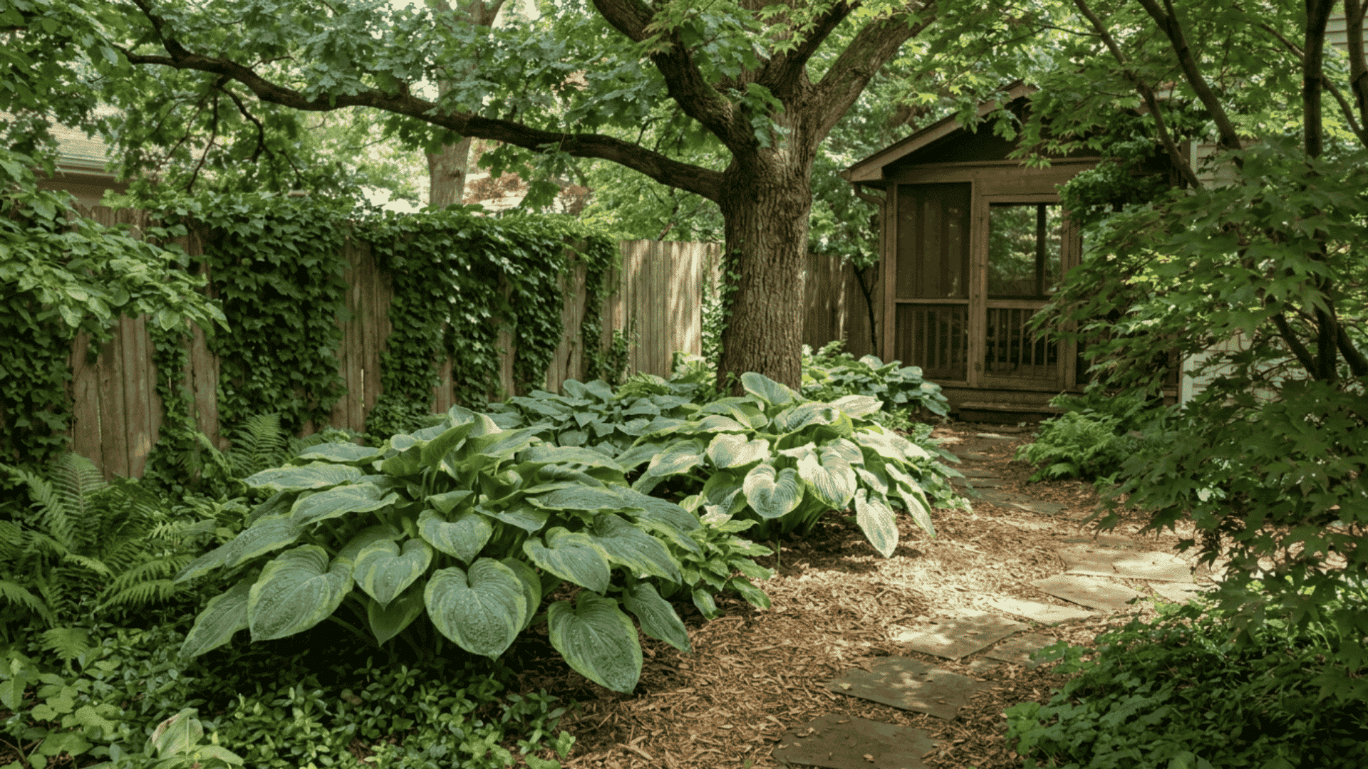 Hostas lush green hosta leaves filling shaded garden corner beside wooden fence and pathway
