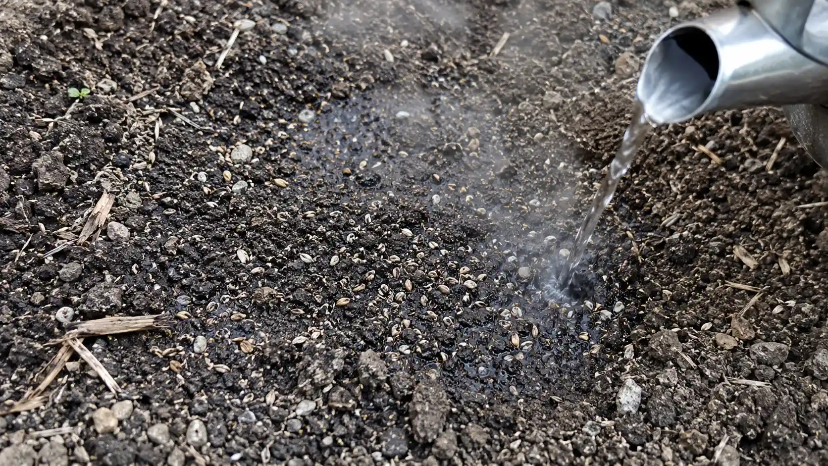 hot water soaking weed seeds scattered across loose garden soil with steam rising near a metal kettle spout