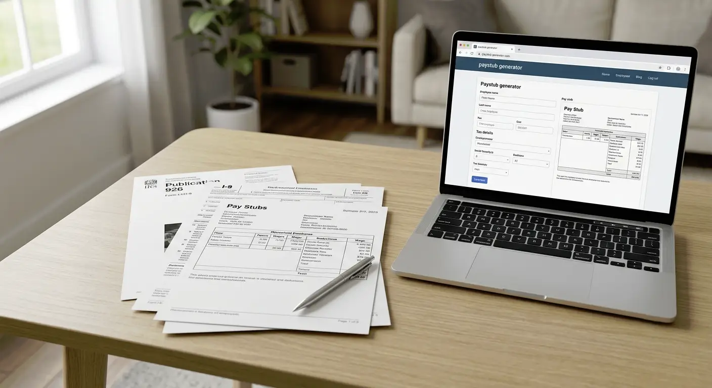 Laptop displaying pay stub generator beside documents and pen on wooden desk