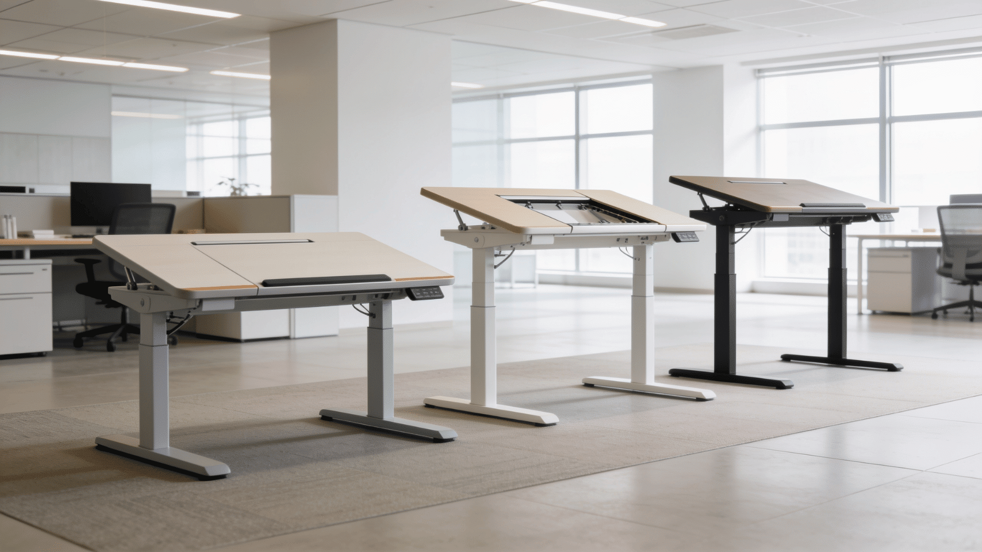 wide shot of three different styles of desk converters lined up in a bright and modern open plan office environment