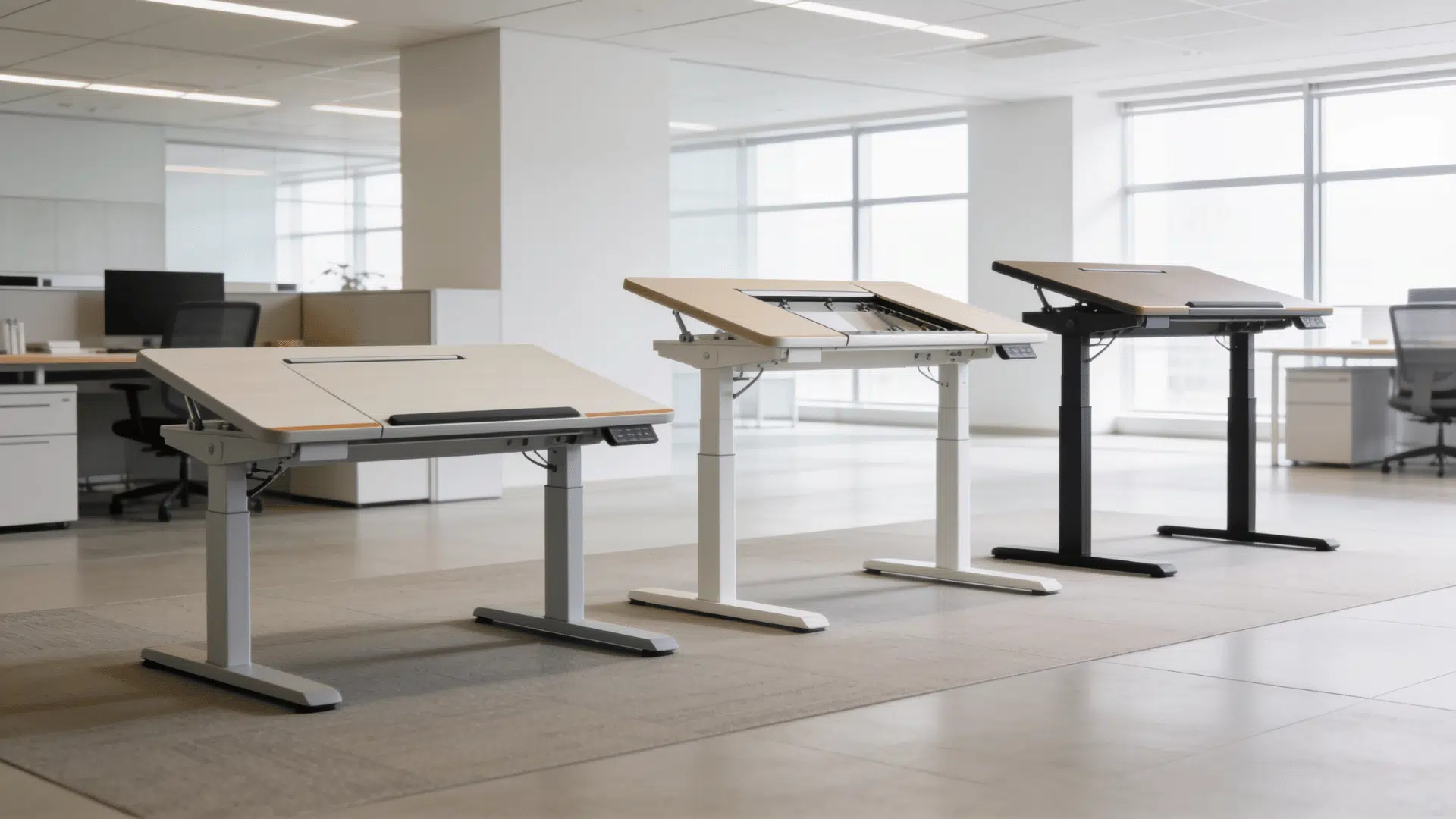 wide shot of three different styles of desk converters lined up in a bright and modern open plan office environment
