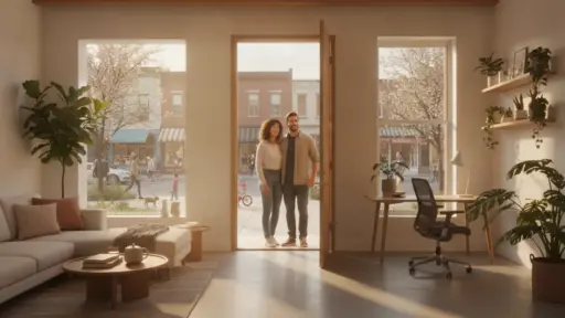 Couple standing in open doorway of modern living room with large windows and indoor plants