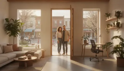 Couple standing in open doorway of modern living room with large windows and indoor plants