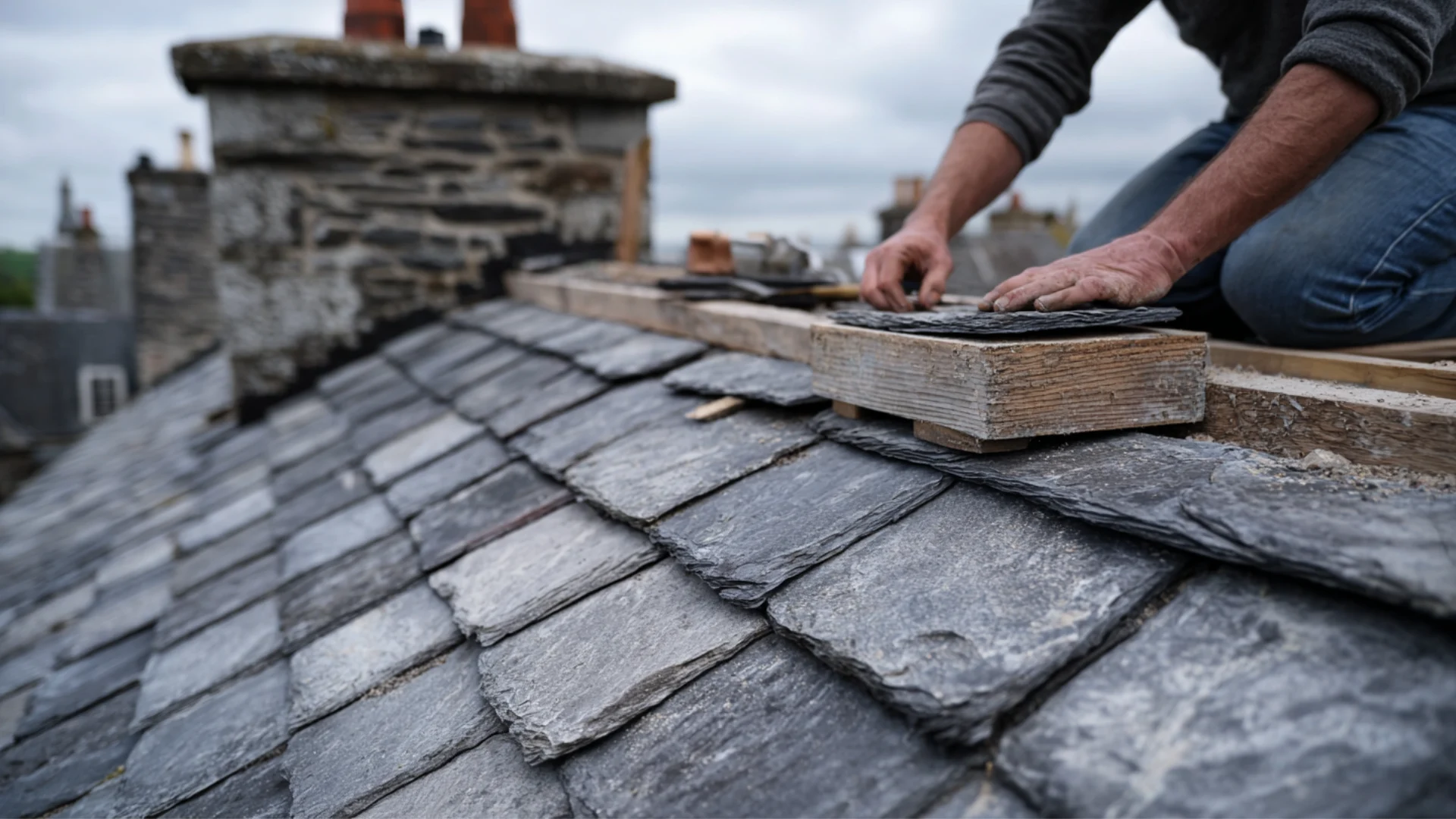 roofer installing natural slate tiles by hand near chimney during repair work