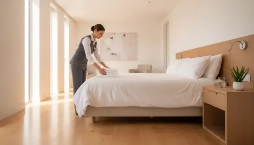 Housekeeper arranging towels on bed in bright, modern hotel room with wooden floor and bedside plant