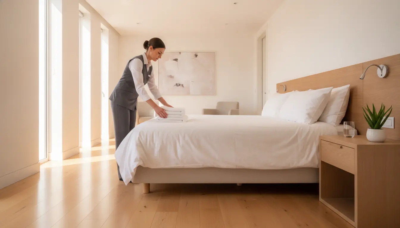 Housekeeper arranging towels on bed in bright, modern hotel room with wooden floor and bedside plant