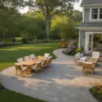 Spacious patio with wooden furniture set in a garden with vibrant flowers and lush greenery