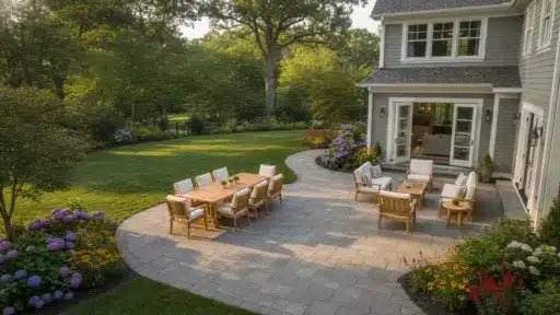 Spacious patio with wooden furniture set in a garden with vibrant flowers and lush greenery
