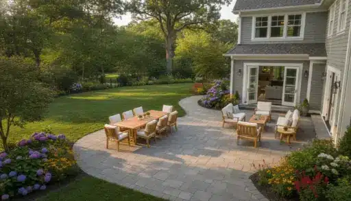 Spacious patio with wooden furniture set in a garden with vibrant flowers and lush greenery