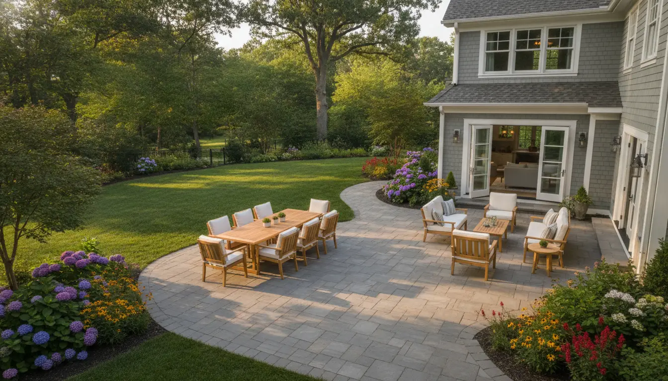 Spacious patio with wooden furniture set in a garden with vibrant flowers and lush greenery