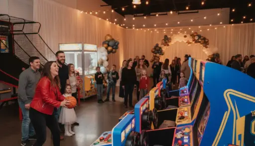 People enjoying arcade games at a lively indoor party with string lights and balloon decorations