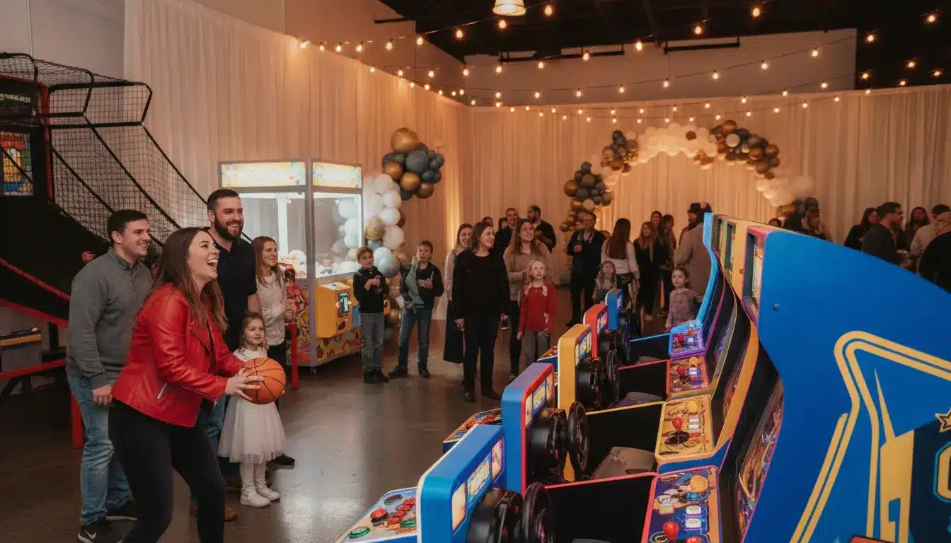 People enjoying arcade games at a lively indoor party with string lights and balloon decorations