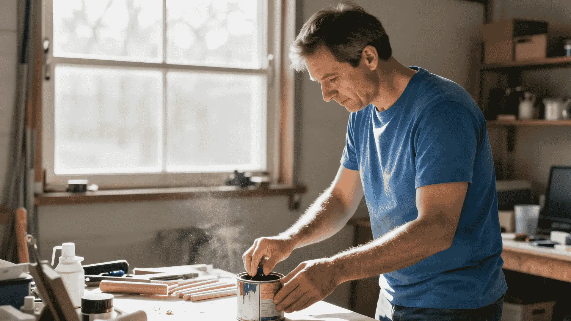 person pressing lid onto paint can on worktable with tools rollers and sunlight in home workshop