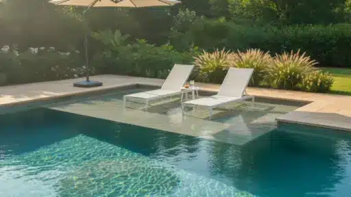 Two white lounge chairs by a luxurious pool with surrounding greenery